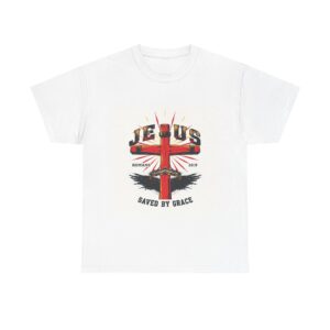Front view of the Jesus Saves Unisex Graphic Tee in a neutral colourway, showing clean Gospel lettering on a relaxed-fit cotton tee from Joy Through Christ.