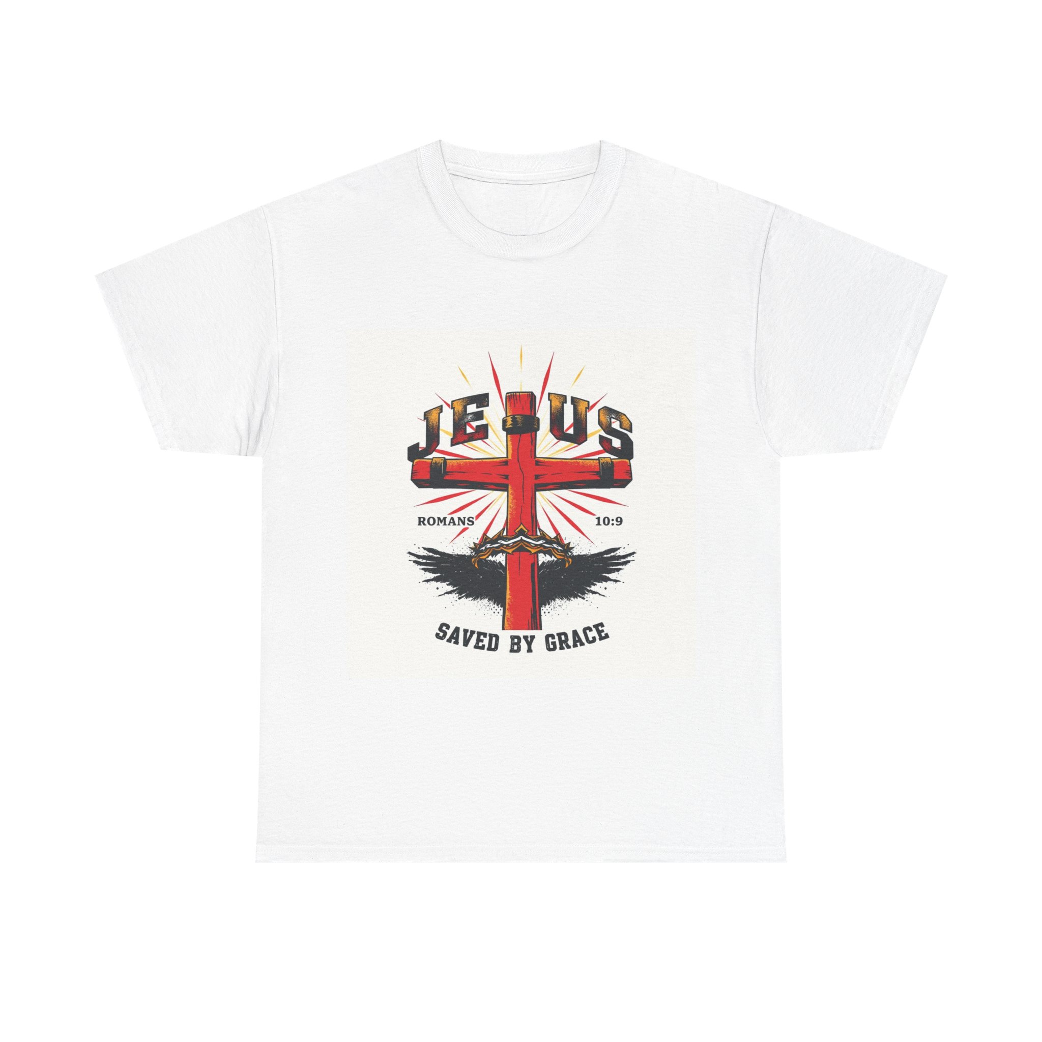 Front view of the Jesus Saves Unisex Graphic Tee in a neutral colourway, showing clean Gospel lettering on a relaxed-fit cotton tee from Joy Through Christ.