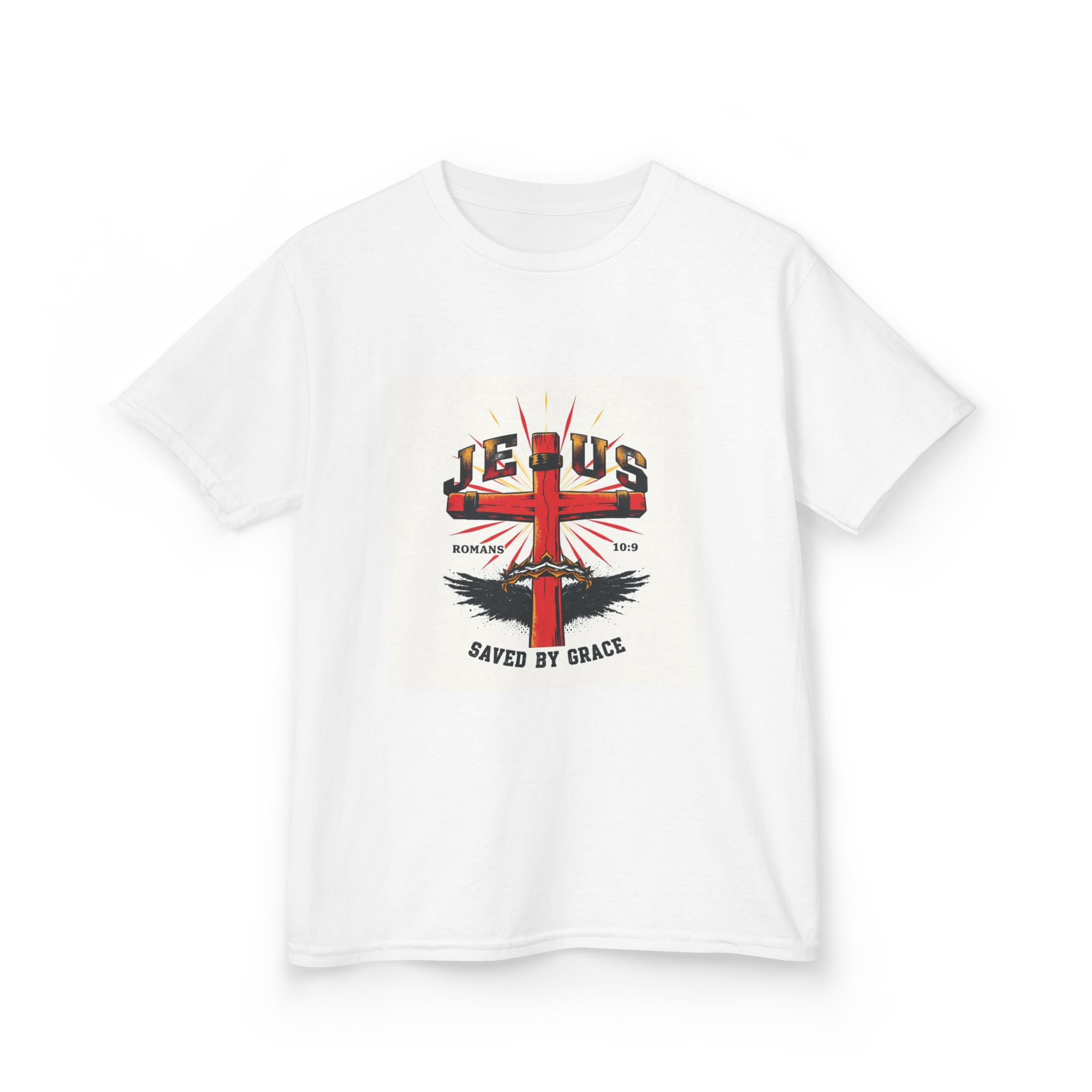 A kids Jesus tee in a clean unisex cut, printed with the words Jesus Saves in bold, simple lettering against a neutral background.
