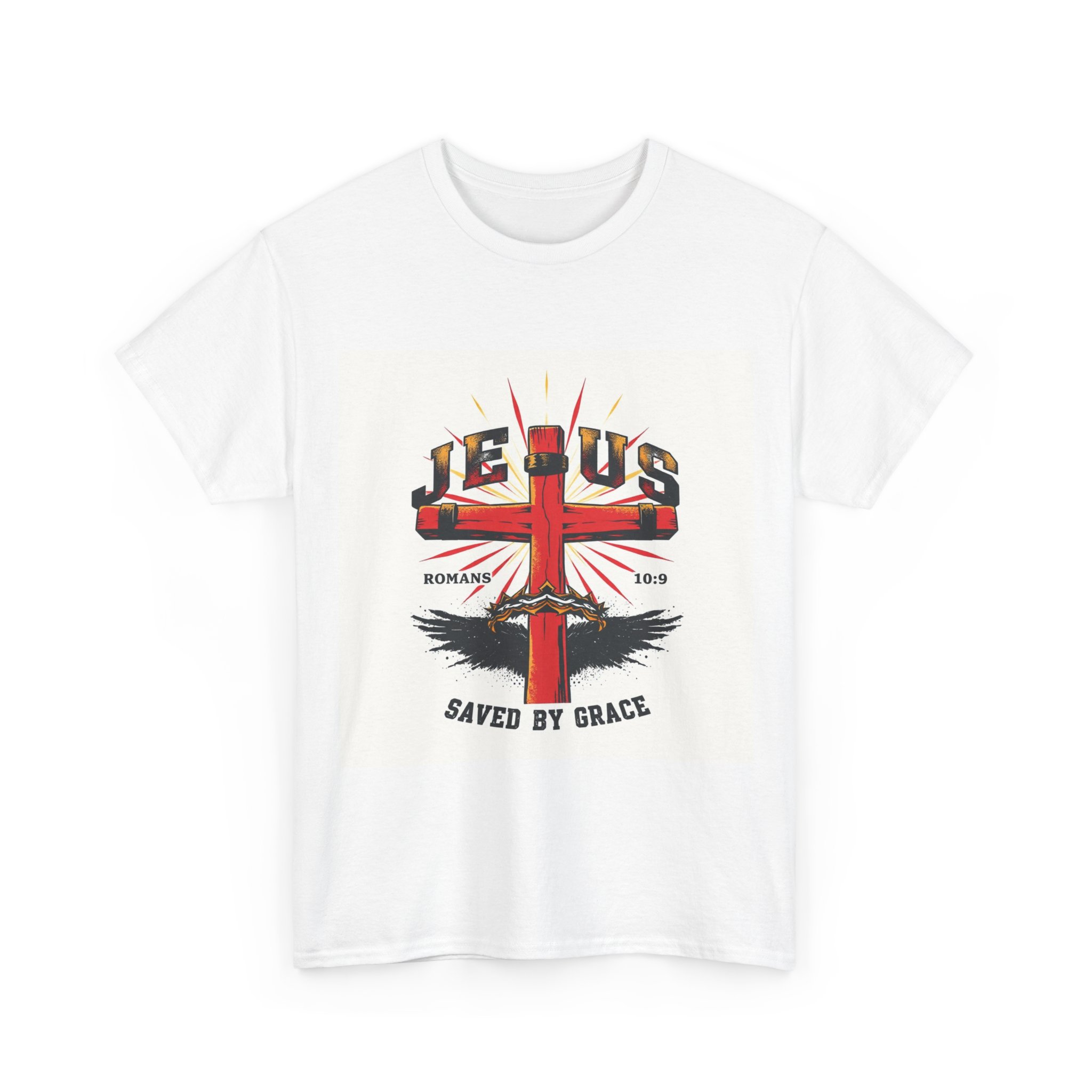 Front view of the Jesus Saves Unisex Graphic Tee in a neutral colourway, showing clean Gospel lettering on a relaxed-fit cotton tee from Joy Through Christ.