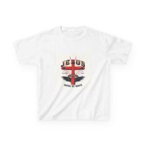 A kids Jesus tee in a clean unisex cut, printed with the words Jesus Saves in bold, simple lettering against a neutral background.