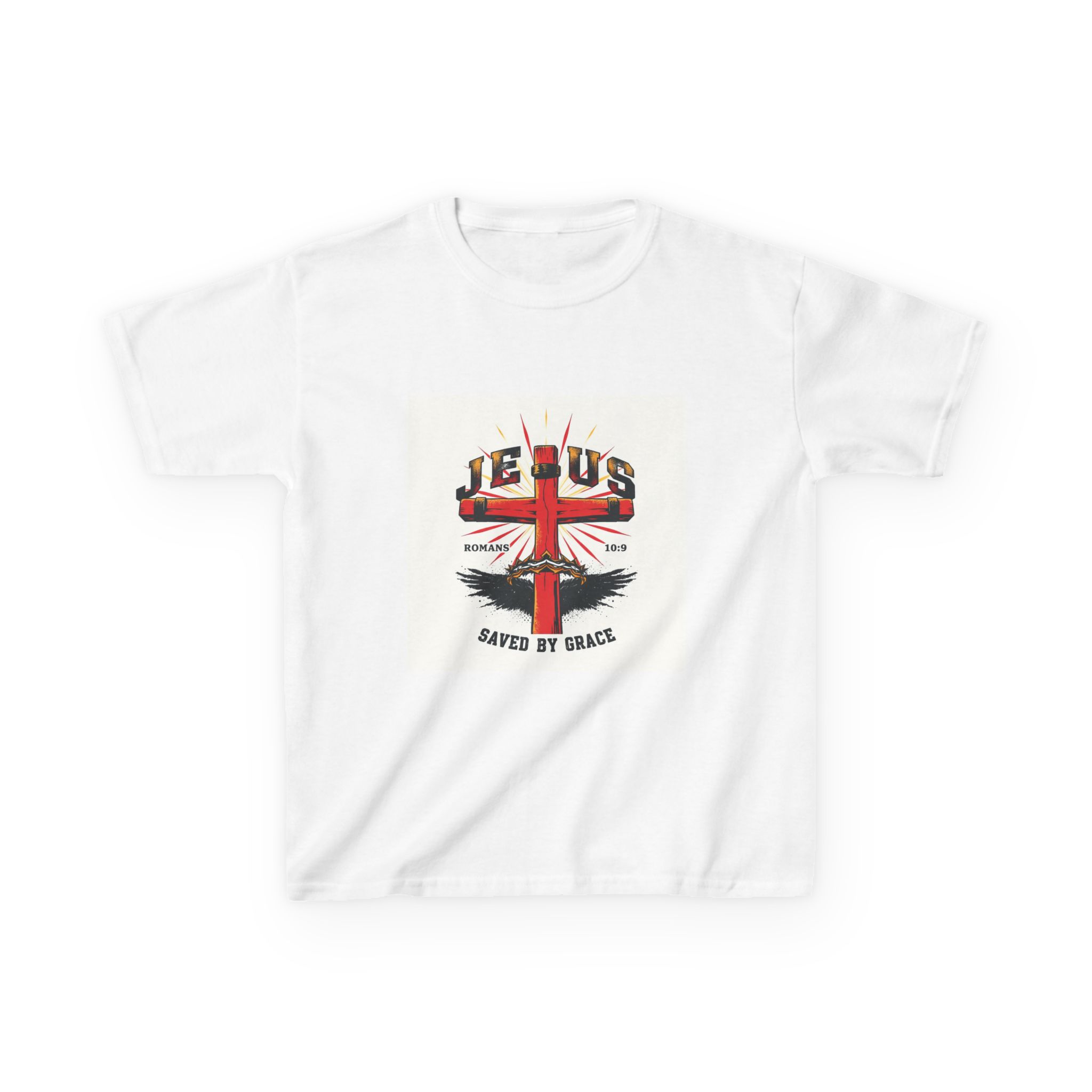 A kids Jesus tee in a clean unisex cut, printed with the words Jesus Saves in bold, simple lettering against a neutral background.